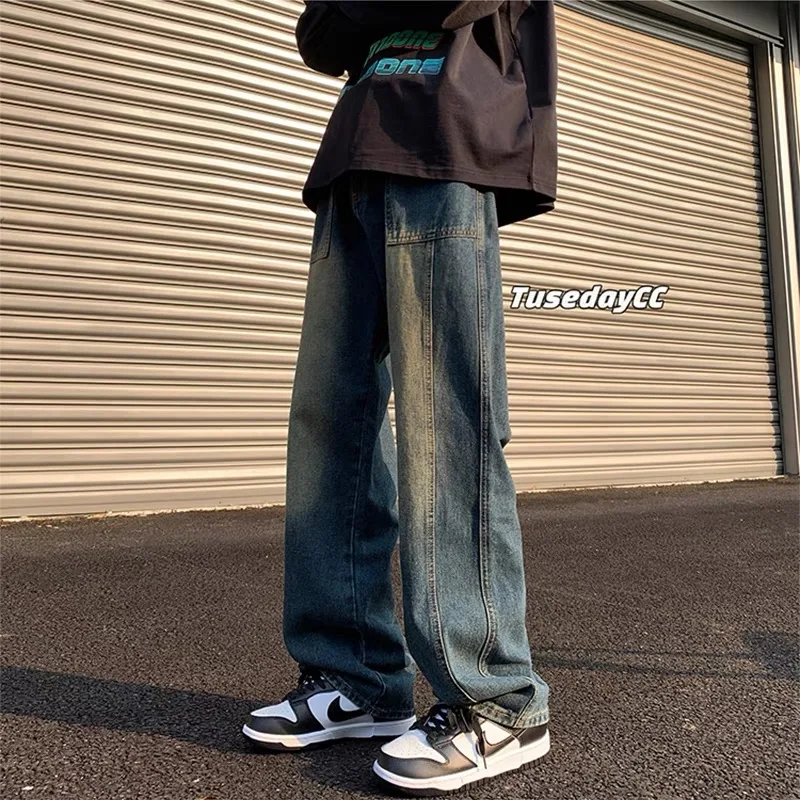 

Retro American Denim Jeans High Street Men's INS Design Oldschool Haome Straight Leg Wide Leg Pants BF Couple Casual Wear