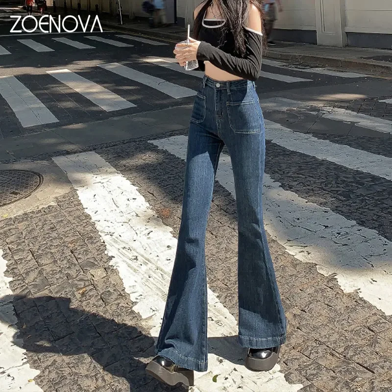 ZOENOVA Y2K 2023 Vintage Blue Highเอวผู้หญิงความยาวเต็มกางเกงยีนส์ขากว้างFlareกางเกงFamaleยืดDenim Streetwearเสื้อผ้า