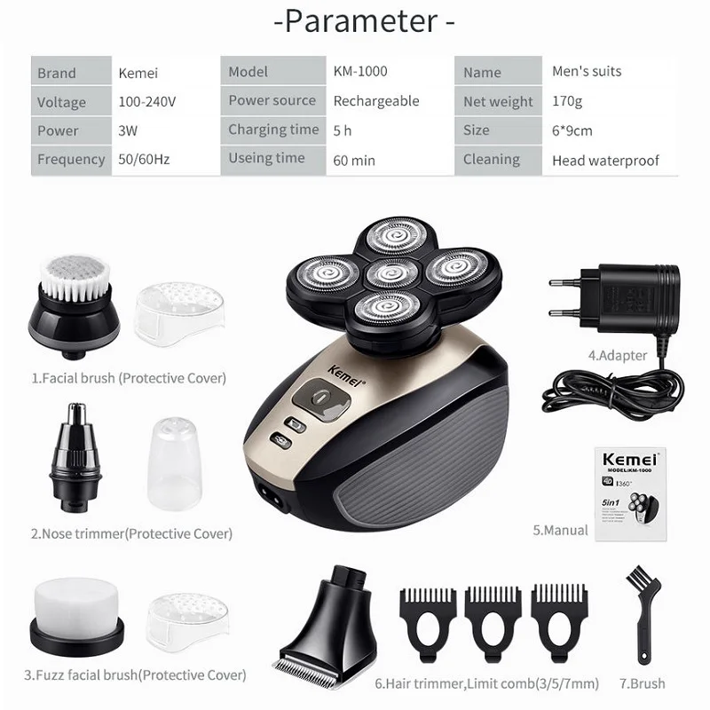 เครื่องโกนหนวดไฟฟ้าแบบ5 in 1ของผู้ชาย KM-1000เครื่องโกนหนวดและหนวดเคราห้าหัวแบบโรตารี่ทั้งเปียกและแห้งแบบชาร์จไฟได้