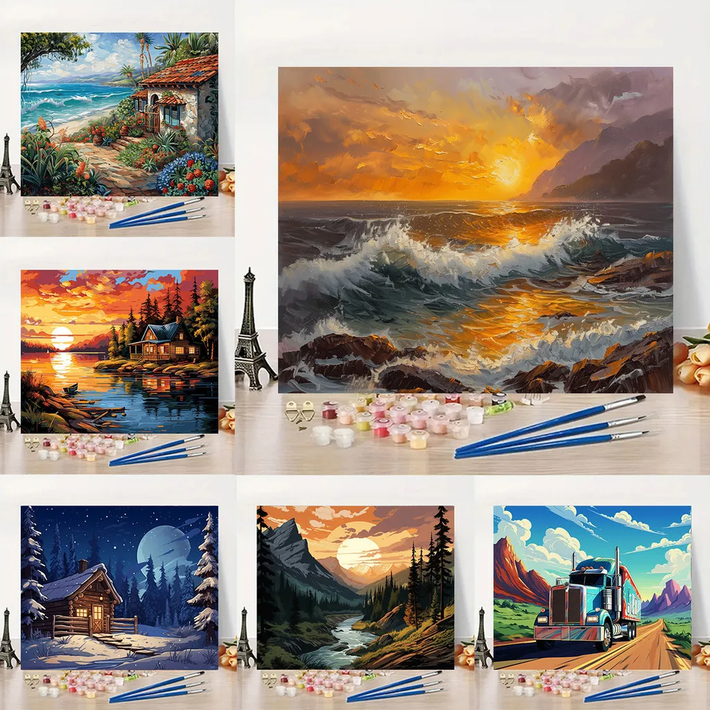 Wellenförmige Sonnenuntergangslandschaft Malen nach Zahlen für Erwachsene DIY-Sets Handgemalt auf Leinwand Ölgemälde Zeichnen Malen nach Zahlen