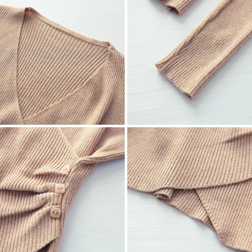 เสื้อสเวตเตอร์ผู้หญิงแบบสวม คอวี แขนยาว ผ้าริบ แต่งกระดุมด้านข้าง แบบเรียบง่าย สไตล์วัยรุ่น สำหรับฤดูใบไม้ร่วงและฤดูหนาว