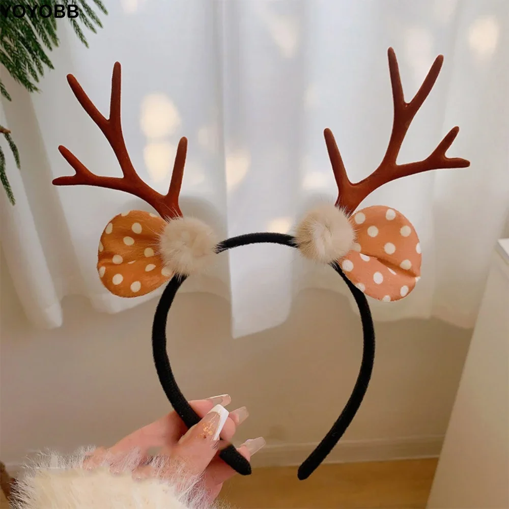 Tiara de Natal Brilhante e Fofa com Flocos de Neve,Bolas de Pelúcia e Chifres de Veado, Acessórios de Cabelo,Tiara de Natal com