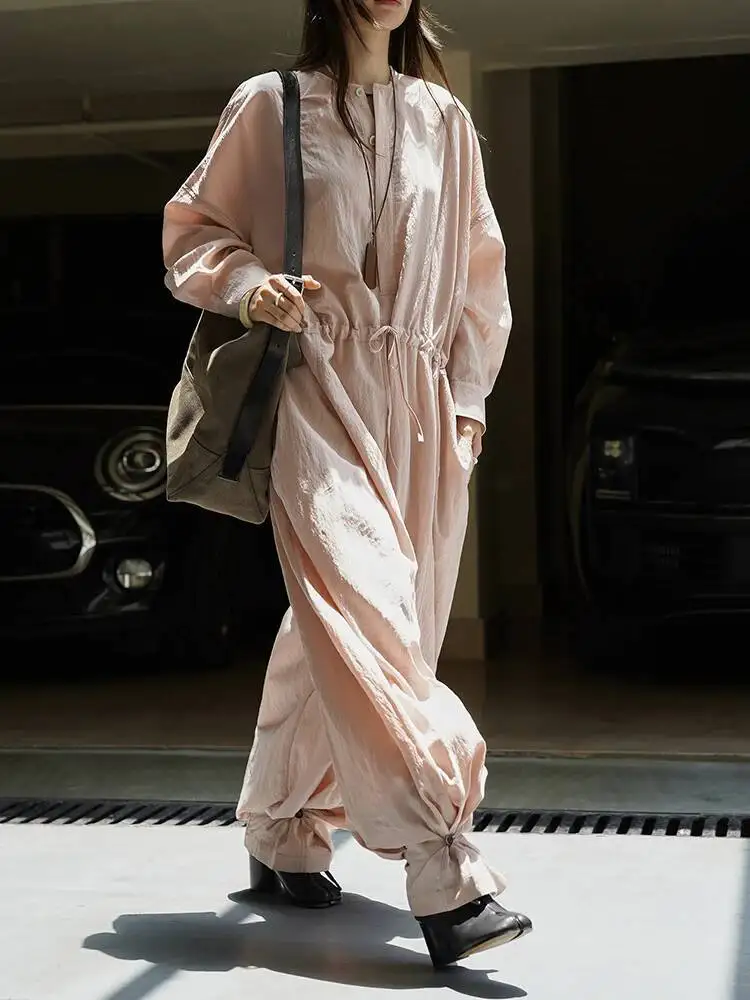 Big Women Coffee Drawstring Size Long Jumpsuit New High Waist Pocket Stitch Pants Fashion Spring Autumn 2026 1DJUOPZ