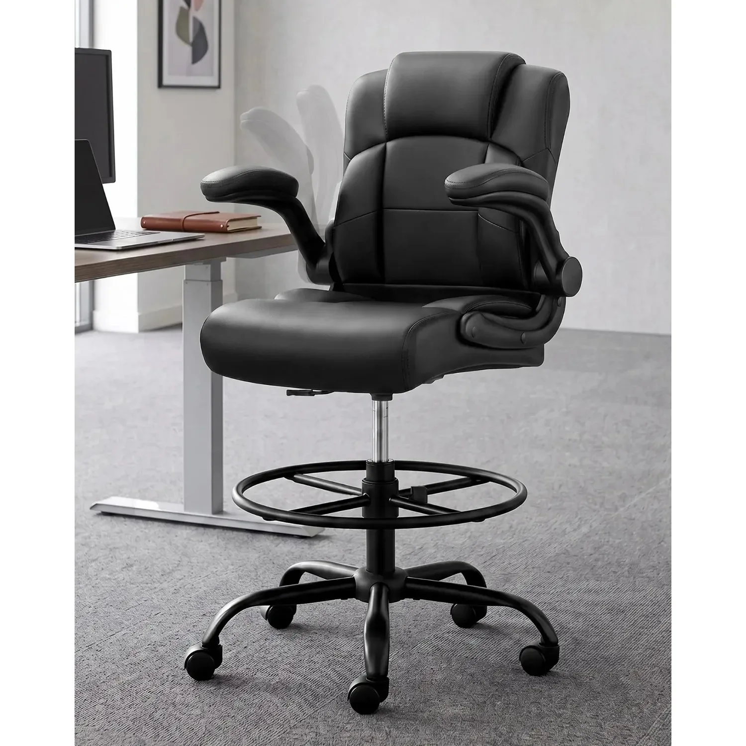 Drafting Chair with Flip-Up Arms, Tall Office Chair for Standing Desk | 500 Lbs, Ergonomic Leather High Desk Chair for