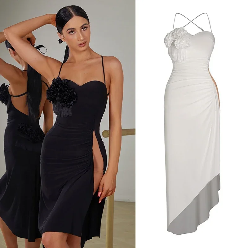 

ZYM Latin Dance Dress Women Backless Split Dress Tango Performance Clothes Adult Latin Competition Dress White Black DNV19722