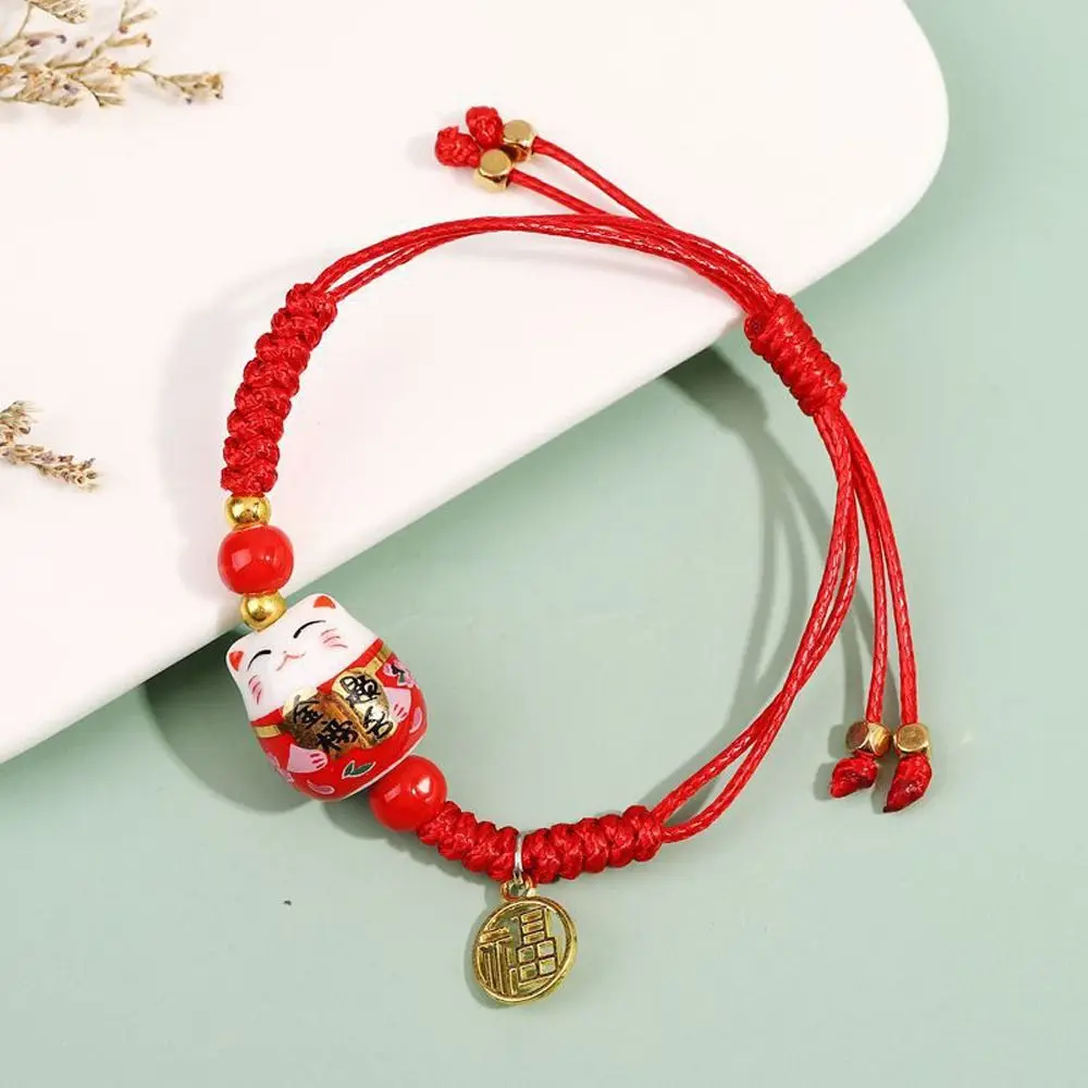 Lucky Cat Ceramic Entrance Examination Gift Girls Gift Women Bracelet Braided Bracelet Chinese Style Bracelet Couple Hand Rope