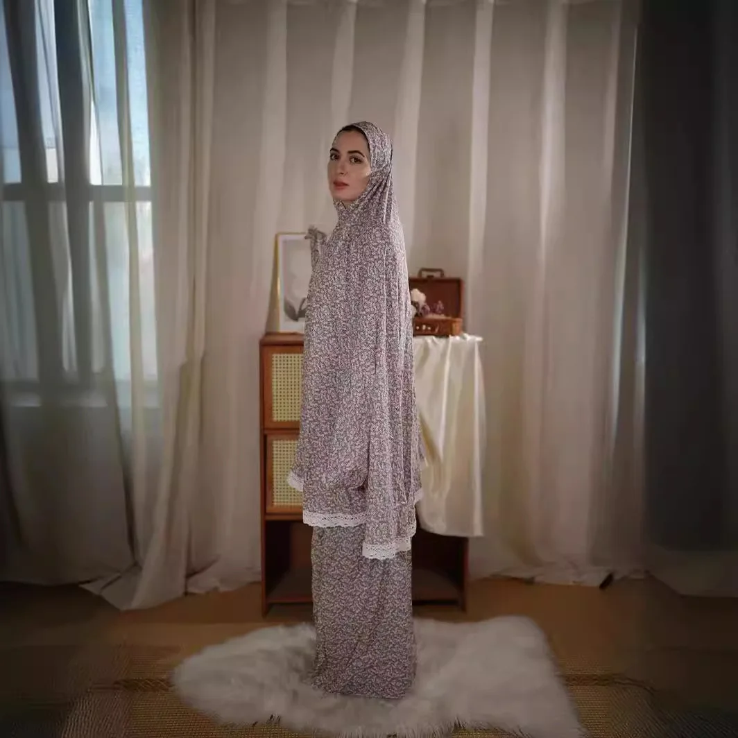 Eid Muslim Two Piece Sets Women Print Long Skirt Scarf Hijab Prayer Skirts Suit Ramadan Morocco Ensemble Traditional Outfits