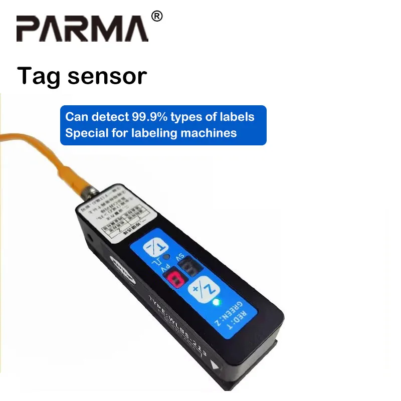 Self-adhesive transparent PVC metalized labels with photoelectric capacitance-based marking sensor and electric eye.