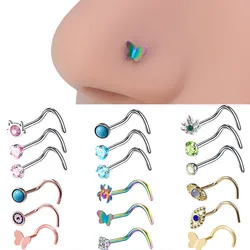 3PCS Pink Crystal Bend Nose Piercing Stud Set Spider Nose Ring Bulk Twist Butterfly Nose Rings And Studs Pack Piercing Nariz Lot