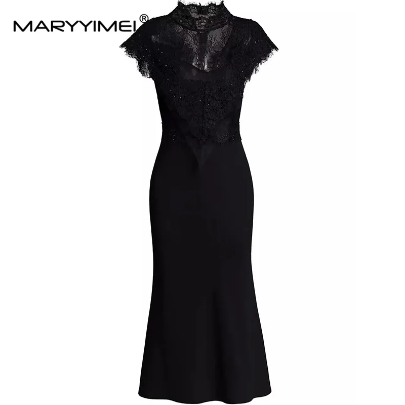 

MARYYIMEI Summer Women's Dress Stand Collar Short Sleeve Lace Splicing Slim-Fit Hip Wrap Office Work Dresses