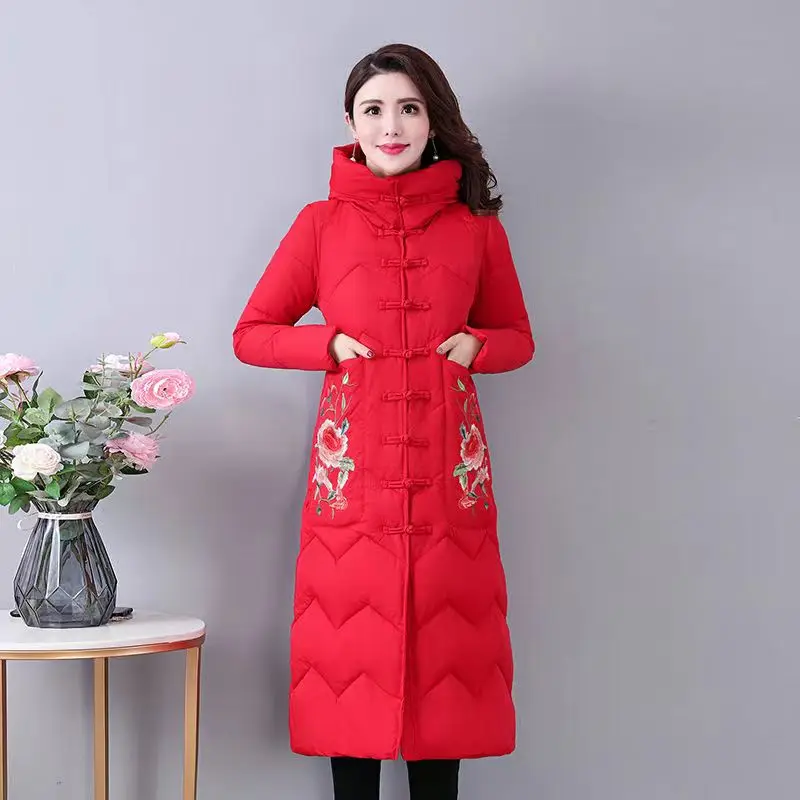 

Zippered Mid-Length down Cotton Jaet for Women Ethnic Sle Winter Coat Knee-High Embroidered Flower Mom Clothes