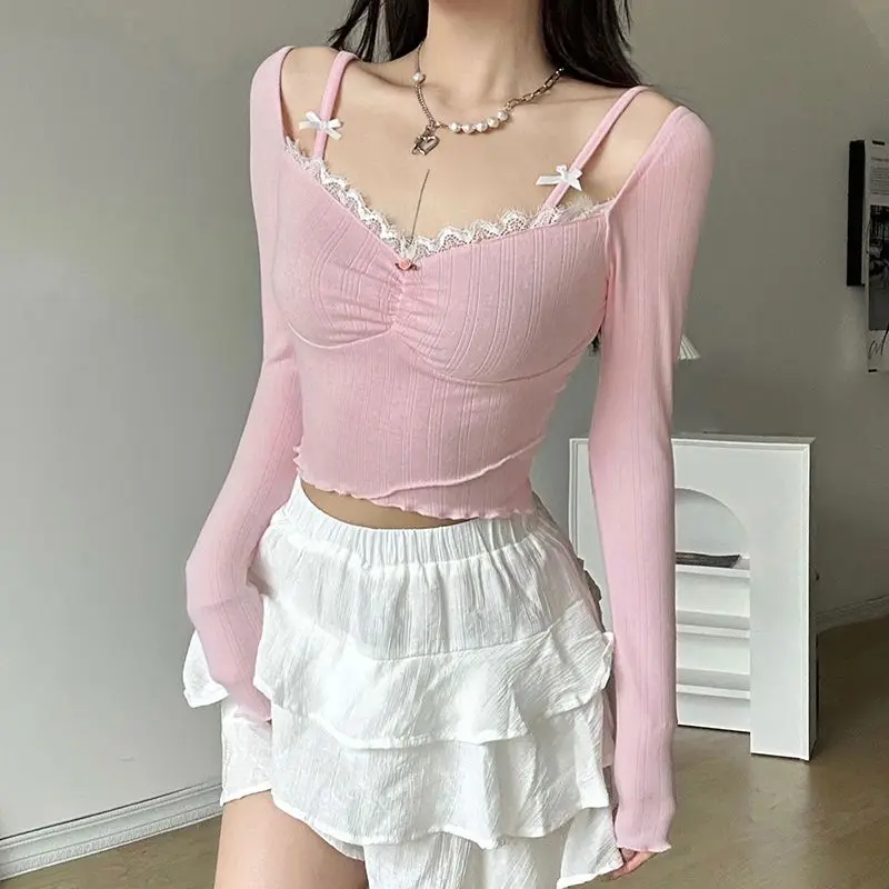 New Kawaii Long-sleeved Sweet Romantic Dating Girls Bow Pink Top Women Pure Desire Wind Rose Lace Slim Short T-shirt