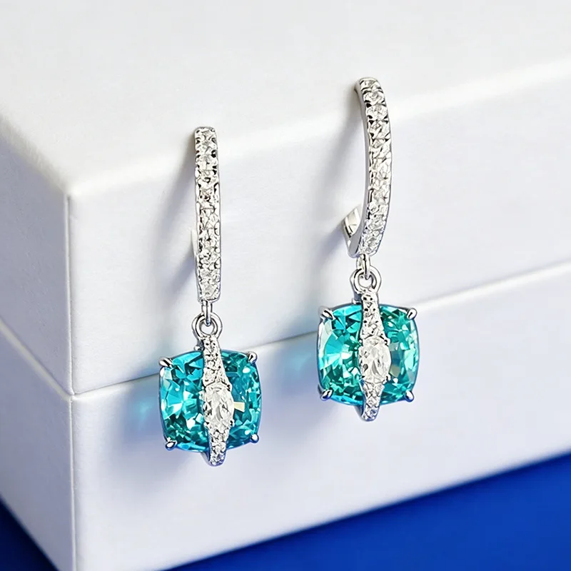 Pendientes de lujo de oro blanco Paraiba de 8*8mm, cuadrados, de color azul verdoso eléctrico, de platino PT950, con estilo elegante.