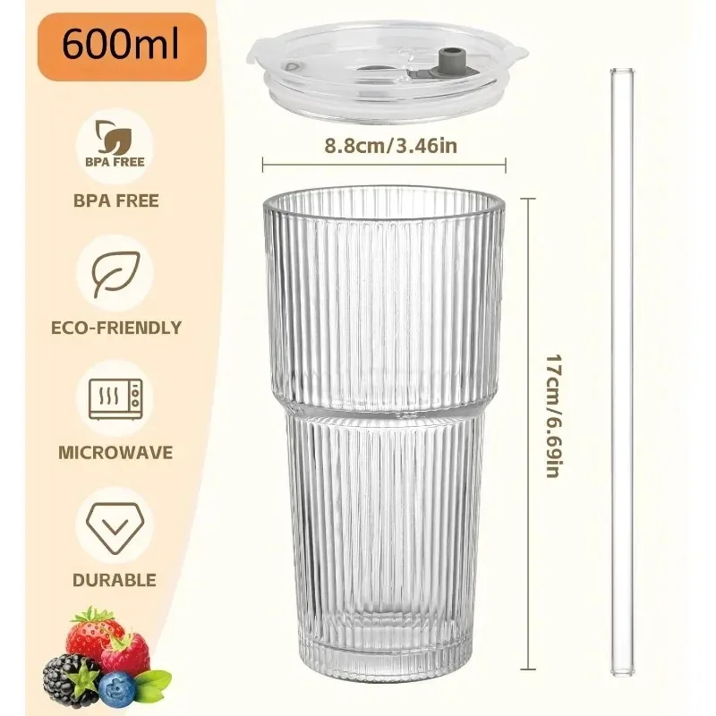 400/600ML Gestreifter Glas-Kaffeebecher Transparenter Trinkbecher mit Deckel und Strohhalm Großer Saft- und Eiskaffeebecher – Detail 10