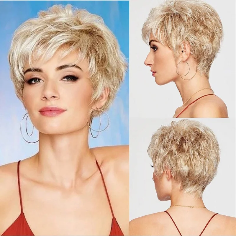 

: European American style curly wig for women, stylish and elegant, golden color, slightly wavy short hairstyle