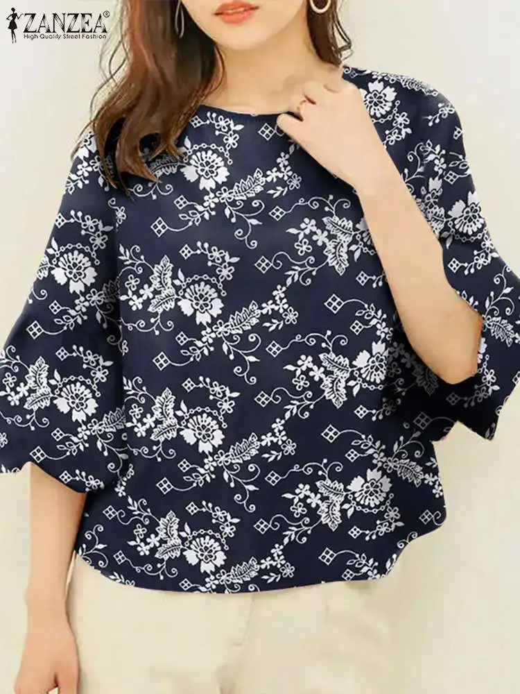 ZANZEA Korean Fashion O Neck Blouses Autumn 2024 Floral Print Women Elegant Blusas Mujer 3/4 Flare Sleeve Casual Shirts Tops