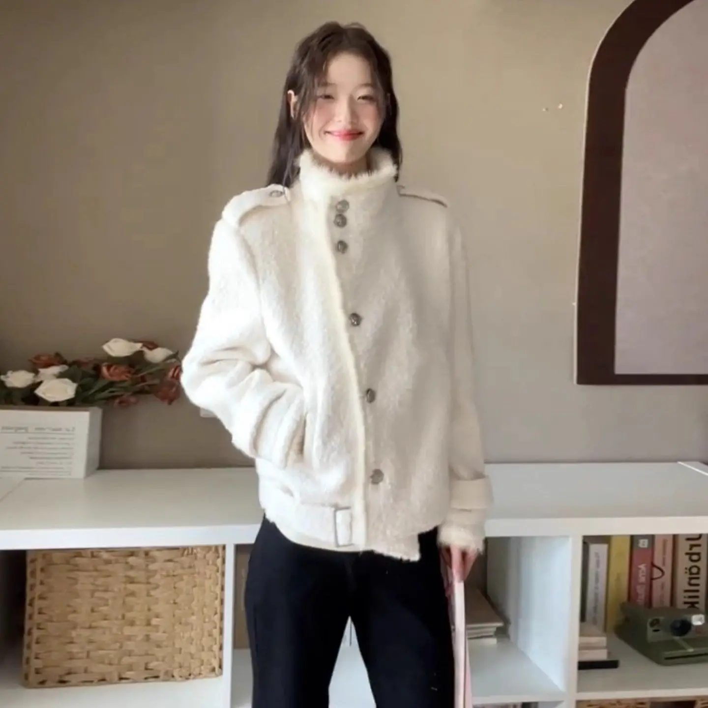 2026 Japanese Holidays Turtleneck Overcoat Women Japanese Kawaii Faux Fur Jackets for Girls Y2k Sweet Vintage Coats Chic Elegant