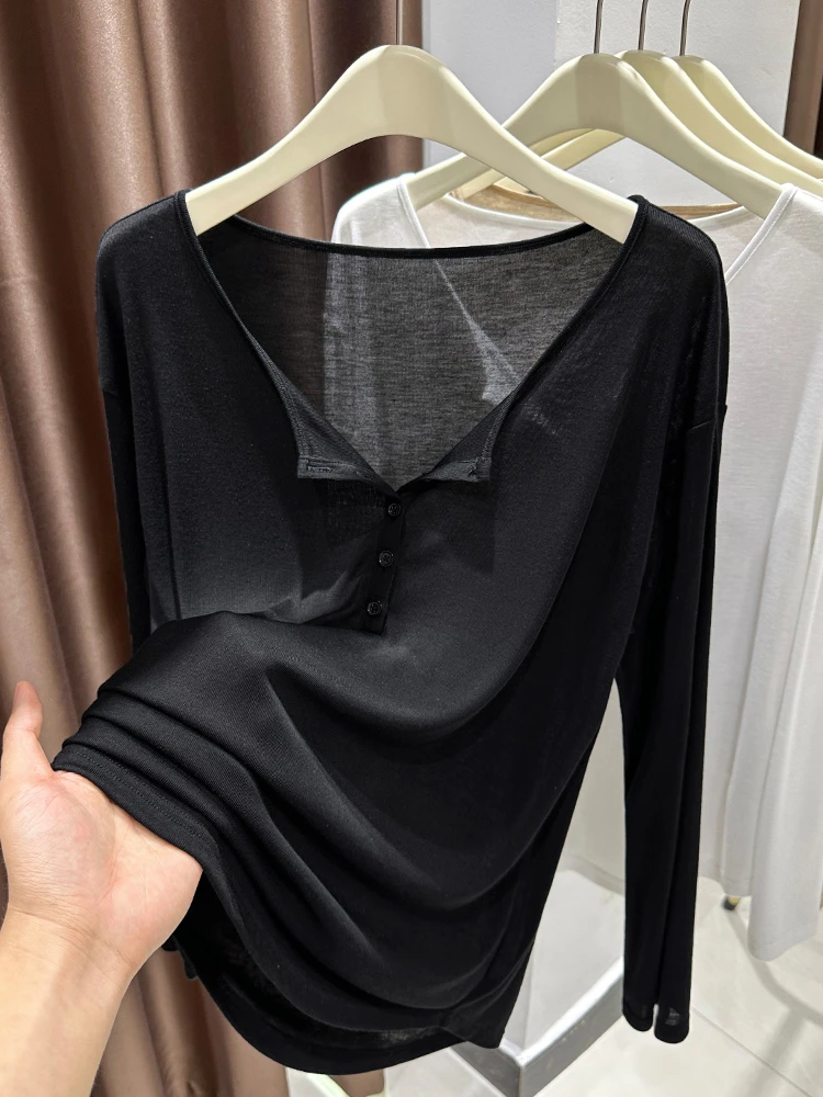 

Bla Ice Silk Breathable Long Sve Knitted T-irt Women's Summer Thin Bot irt Loose Fit Classic Pattern round Ne