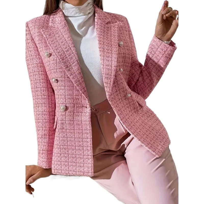 새로운 더블 브레스티드 텍스처드 수트 버클 미디엄 롱 코트 여성 의류 스몰 프래그런트 탑 슬림핏 숏 브라이트 실크