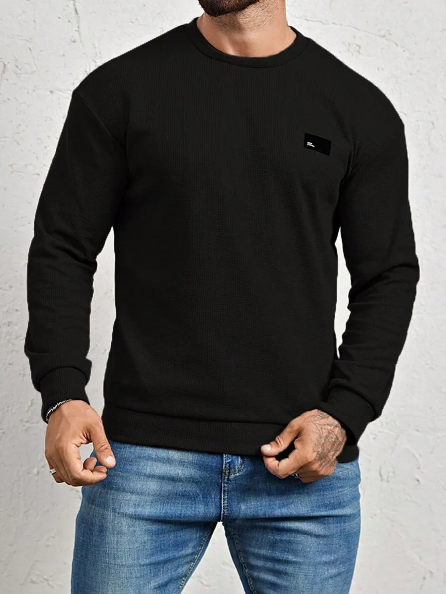 

Men's Black Textured Crew Neck Sweatshirt with Minimalist Patch Detail, Loose Fit, Fall Casual Wear