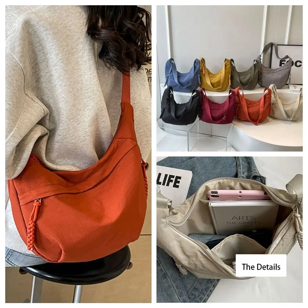 Cute Korean Style Nylon Shoulder Bag Tote Bag Solid Color Oxford Cloth Crossbody Bag Large Capacity Dumpling Bag Office Worker