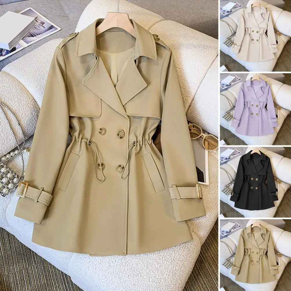 

Long Sleeve Lapel Coat Stylish Windproof Women's Winter Coat with Drawstring Waist Double-breasted Design Mid Length for Weather