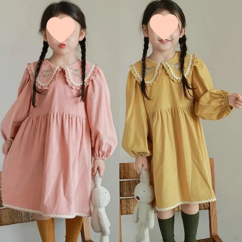 Girls' Dress with Embroidered Collar Sweet Cute Princess Dress2025Autumn New Fashion Foreign Trade Children's Clothing Wholesale