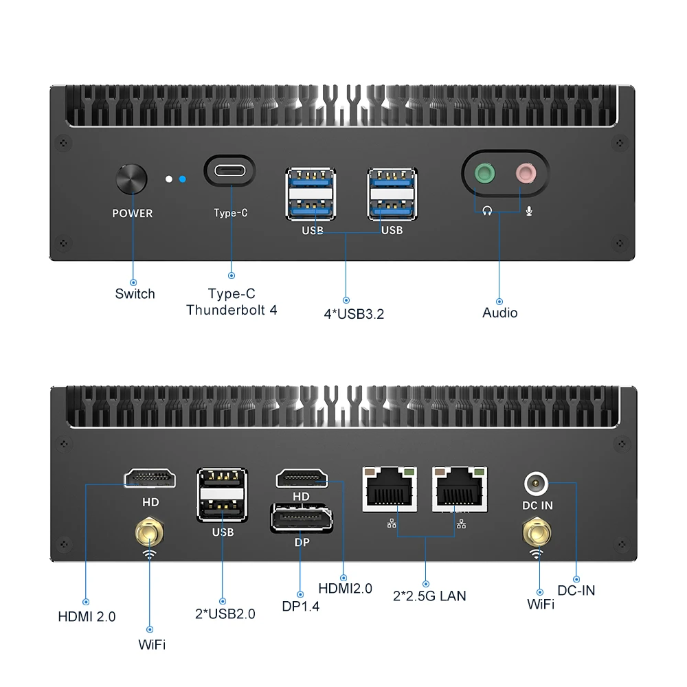 팬리스 미니 PC, 인텔 i7 1355U, i5 1335U, 윈도우 11 PCIE4.0, 듀얼 2.5G LAN, 썬더볼트 4 게임용 미니 컴퓨터, WiFi6, 13 세대