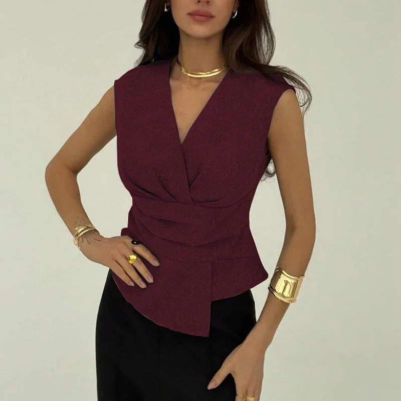 

Pure Color Vest Women's Svel Waist-Cinching Overhead Top Independent Cross-Border 2025 Summer Polyester Fiber Folded