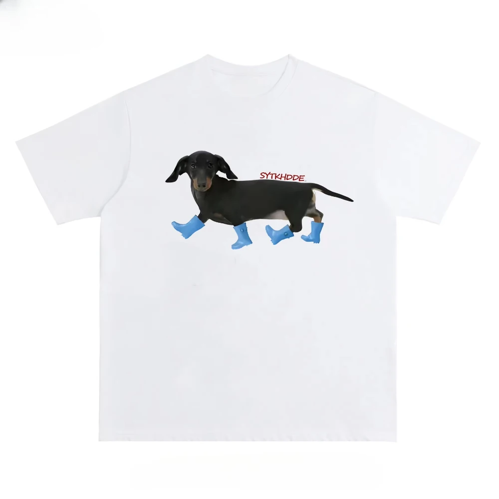 2026 Dachshund Blue Rain Boots Print T-Shirt Men Women Vintage Cotton Short Sleeve T Shirt Tees Oversized Clothing Y2K Tee Tops