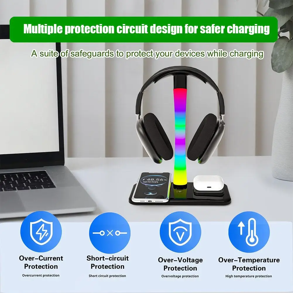 

Wireless Charger RGB Headphone Stand With USB/Type-C Ports, Gaming Headset Holder Desk Mount Mobile Phone Wireless Charging