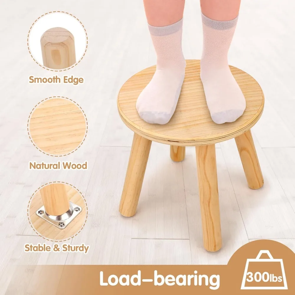 10 Inch Wooden Step Stools for Kids, Multi-Purpose Children Sitting Stool for Playroom Bathroom (Natural, 2 Pack)