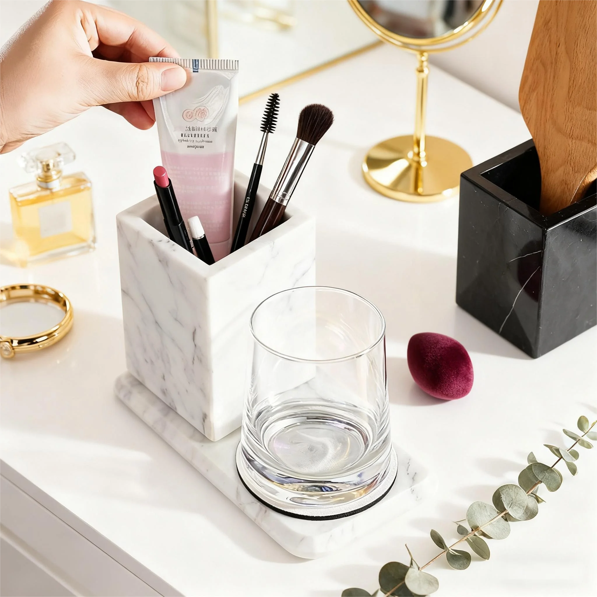 Natural White Marble Pencil Pen Holder, Bathroom Organizer,Office Supplies Storage ,Desktop Stationary, Makeup Brush Holder