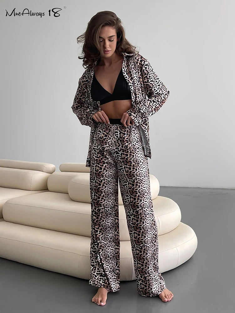 Mnealways18 Leopard Printing Pants Suits Homewear Lapel Oversize Shirts And Elastic Waist Pants Women Sets Sleepwear Two Pieces