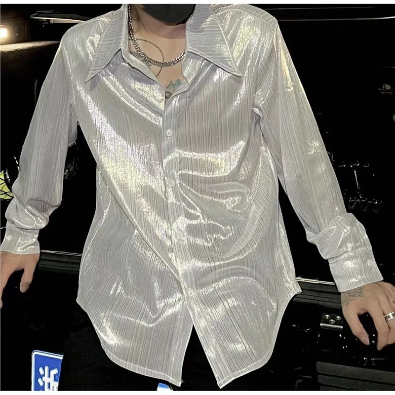 

Simplicity Summer Thin Korean Smooth Shirts Men Clothing Solid Lapel Single Breasted Streetwear Fashion Loose Long Sleeve Tops