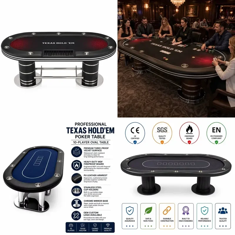 10 Person Texas Holdem Poker Table with Deal Tray and Cup Holder Casino Game Table for Home Use Wholesale OEM