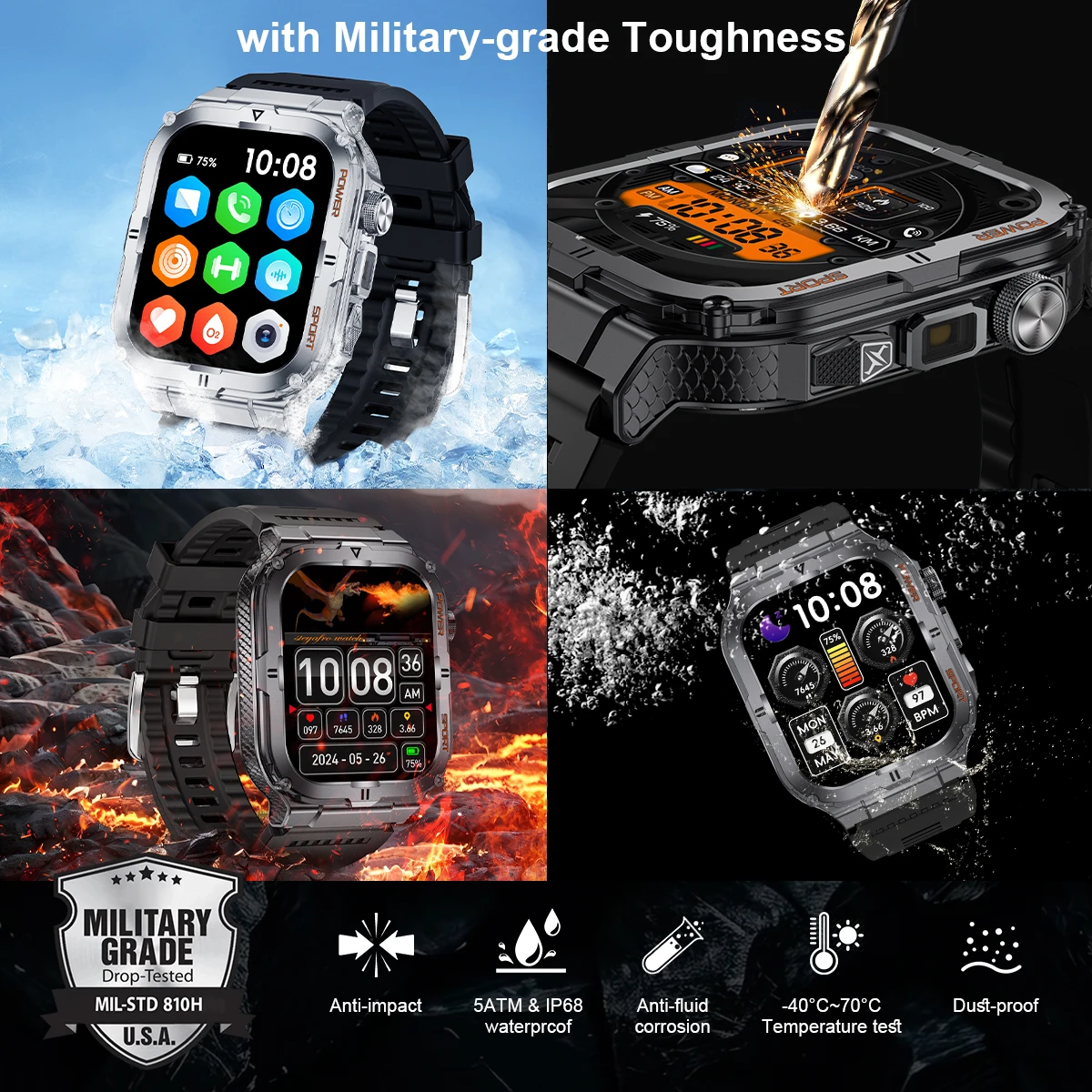 2024 Smart Watch Men Women LED Flashlight 100+ Sport Modes Fitness Tracker Body Temperature 2.01” Screen Smartwatch Men Women