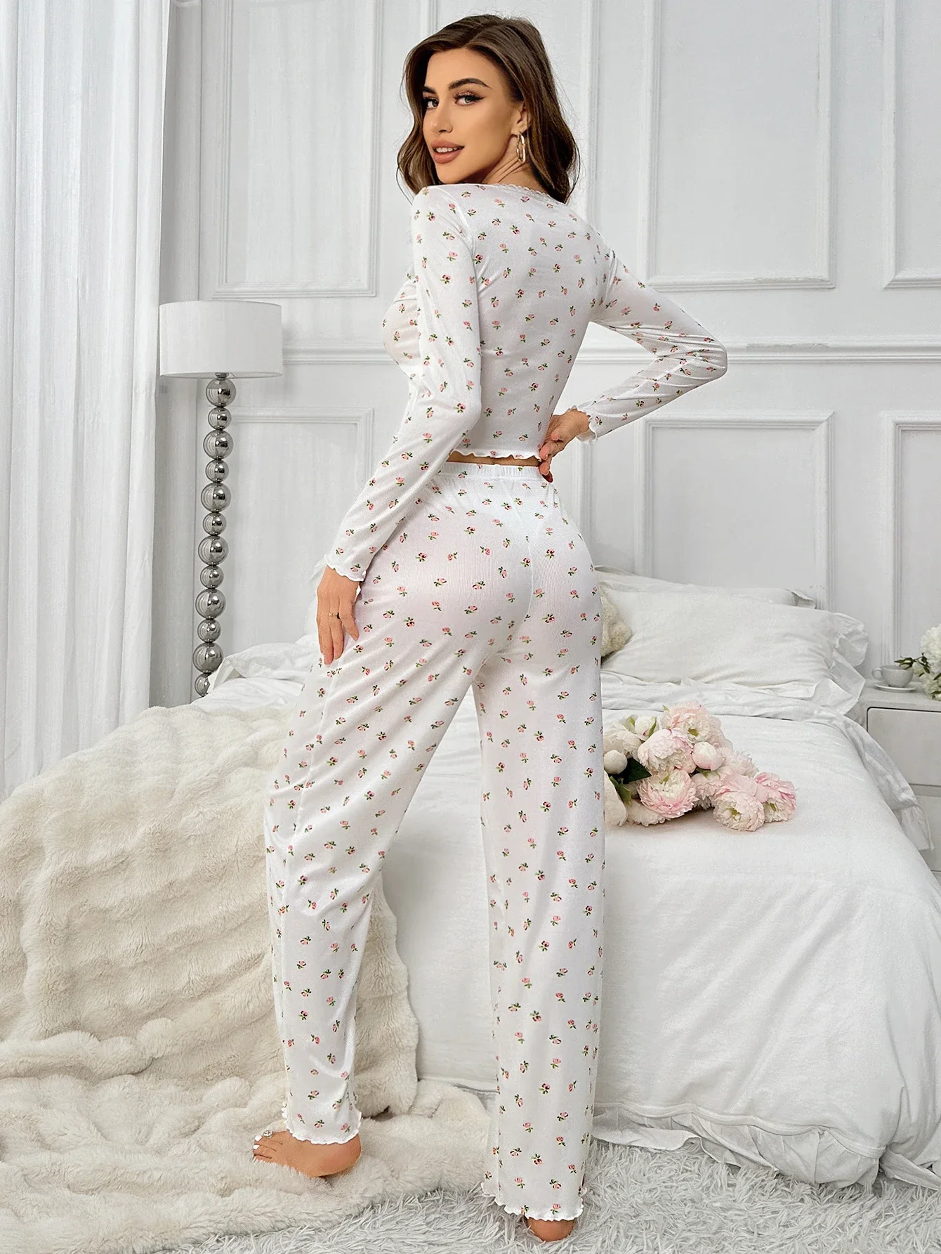 Women\'s Sleepwear Suit Vintage Floral Print Lettuce Trim Long Sleeve Top and Pant Loungewear Full Sleeve Nightwear Pajamas Set