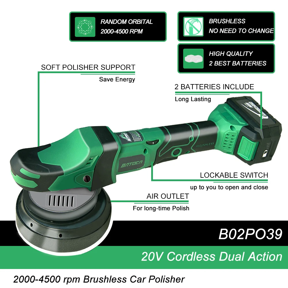 brushless dual action cordless polisher 20V 4500rpm Orbital 15mm battery car polisher