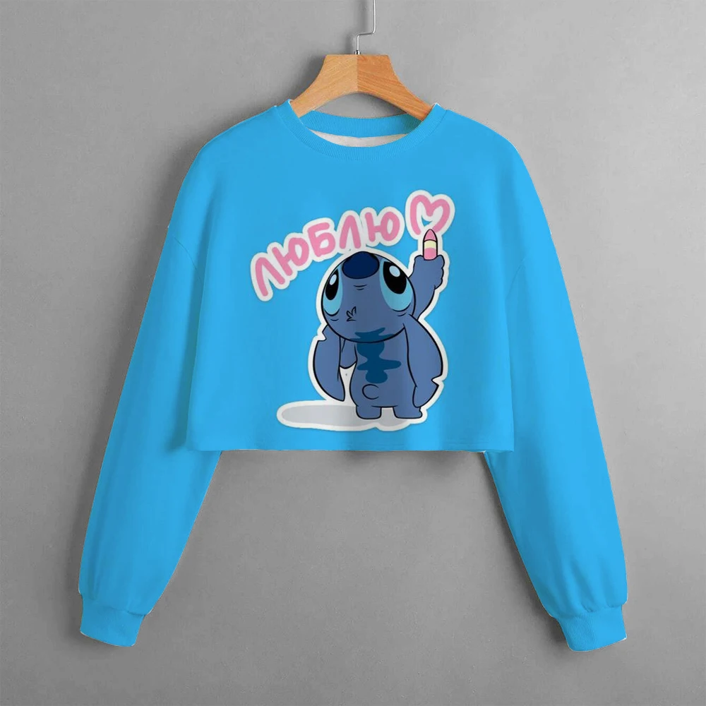 

Spring and Autumn Disney Lilo&Stitch Girls' Short Round Neck Sweater Children's Hoodie Casual Cartoon Anime Print Children's Top