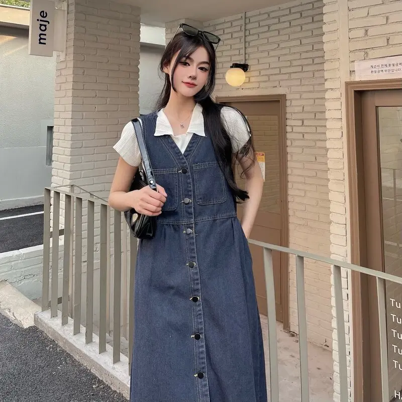 Korean Style Sleeveless Strap Dress Women 2024 Summer V-neck Single-Breasted Pockets Denim Dresses Woman Loose A Line Mini Dress