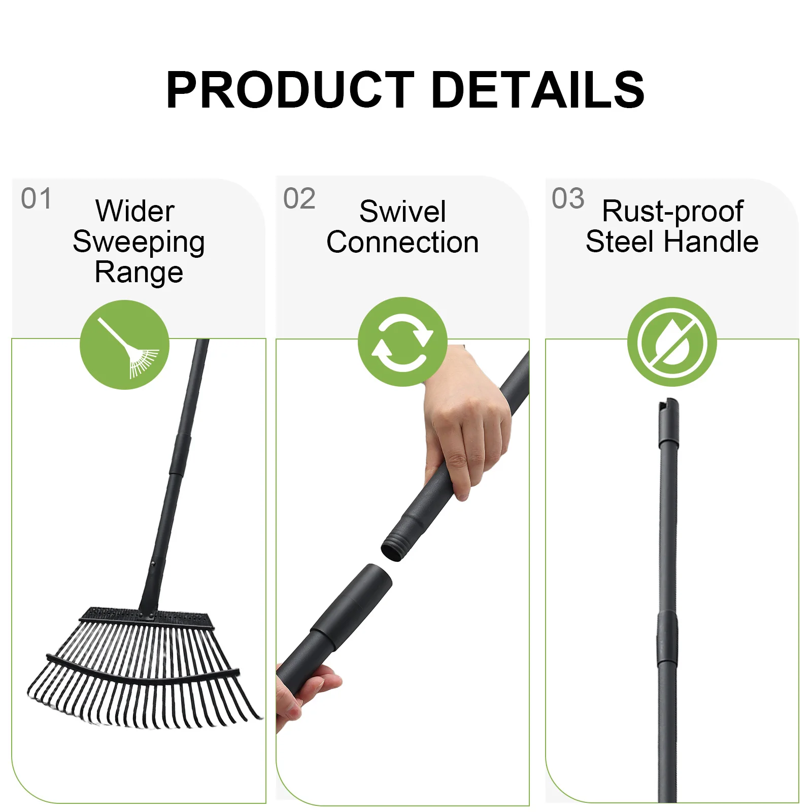 Heavy Duty Metal Leaf Rake for Gardening, 25 Tines Garden Yard Hand Rake with 64 inch Adjustable Handle for Gardening