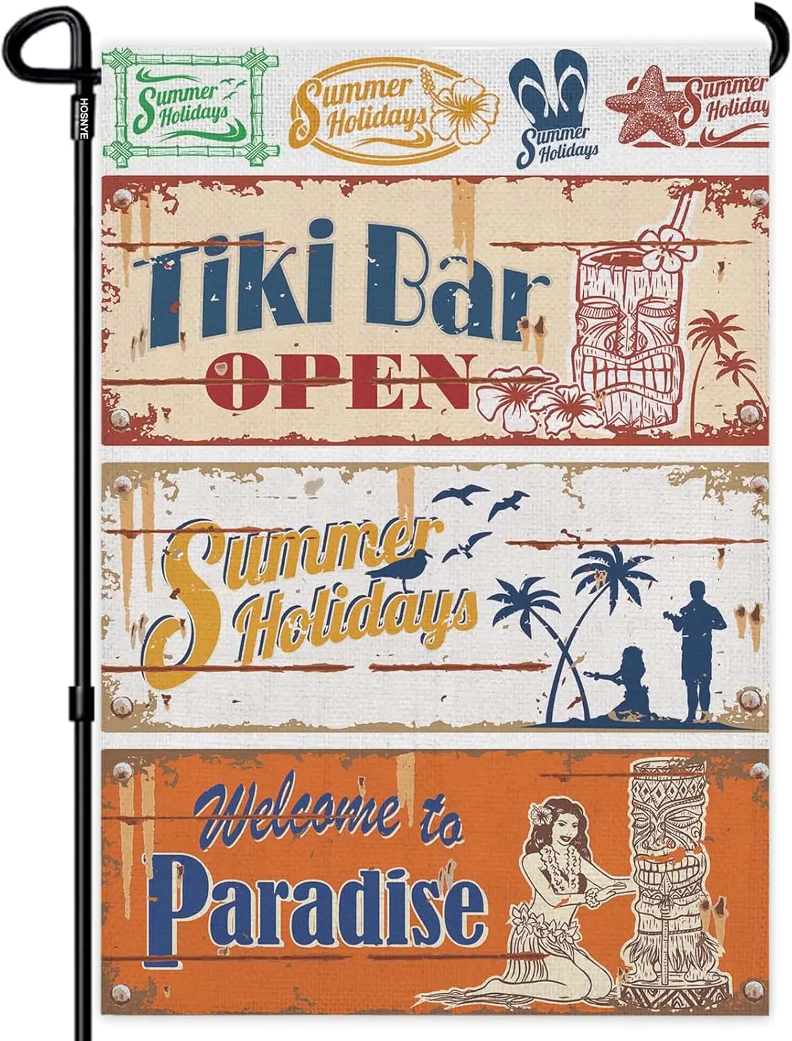 HOSNYE Vintage Summer Holidays Garden Flag 12x18 Inch Double Sided Tiki Bar Welcame to Paradise Garden Flags For Outside Outdoor