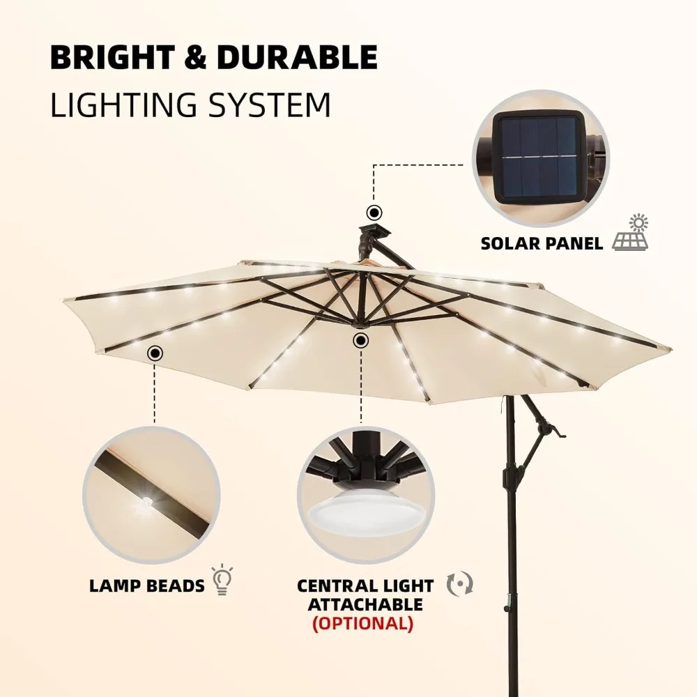 10ft Solar LED Offset Hanging Market Patio Umbrella Poolside, Lawn and Garden, Easy Tilt Adjustment, Patio Umbrellas & Bases