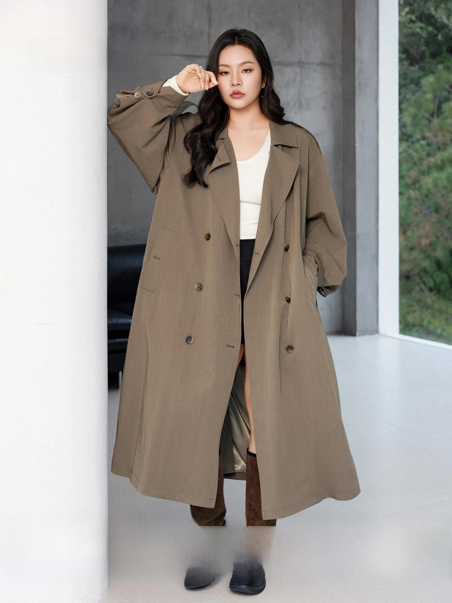 

Plusmall Hyde Park Classic Long Loose Faion Collar Coat Ele Casual Sle Women's plus Size Outerwear Spring Season