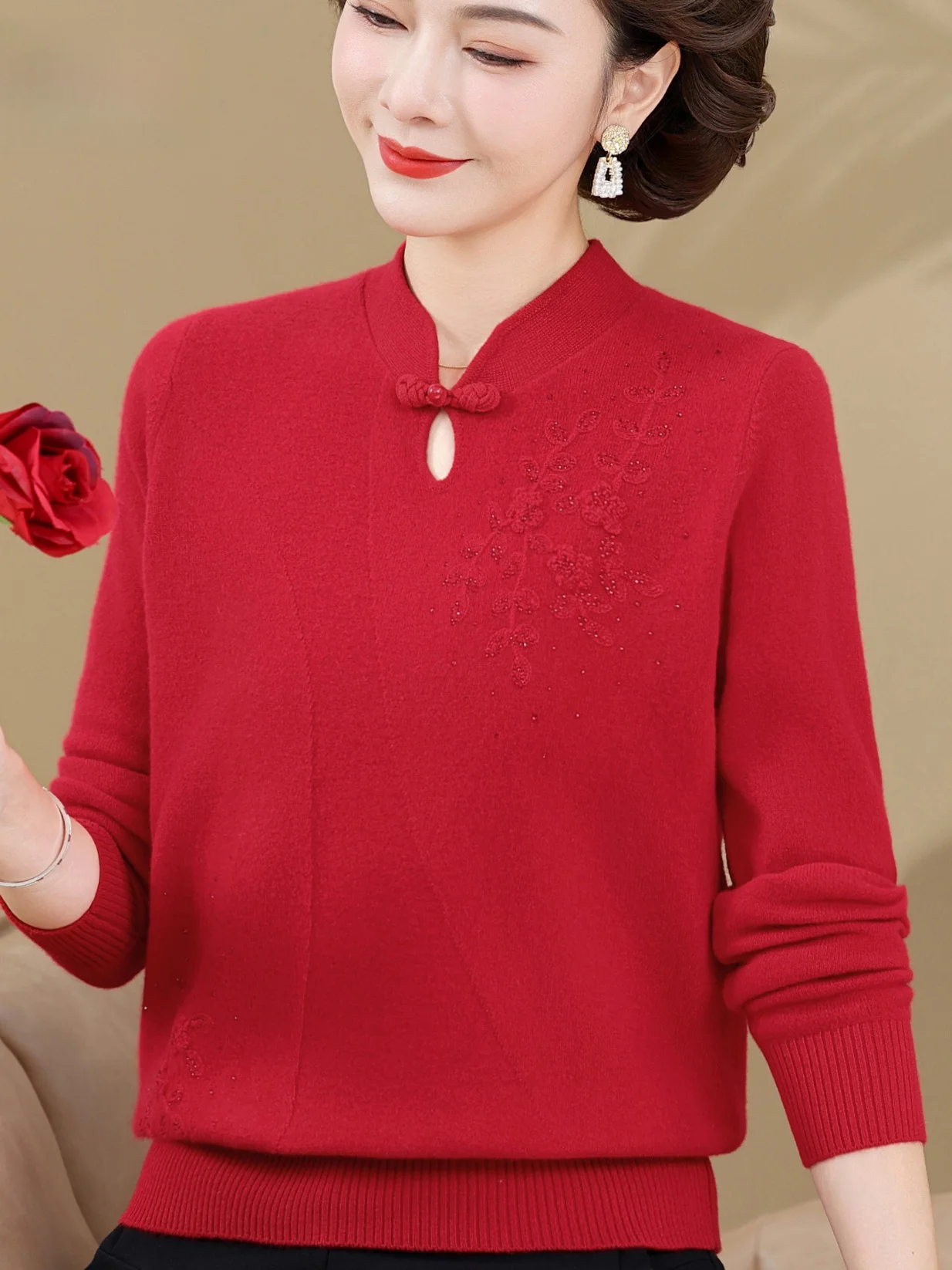 

Autumn Winter New Chinese Sle Knitted Sweater Women's Pure Wool Embroidered Flower Stand Collar Slimming Top for ly