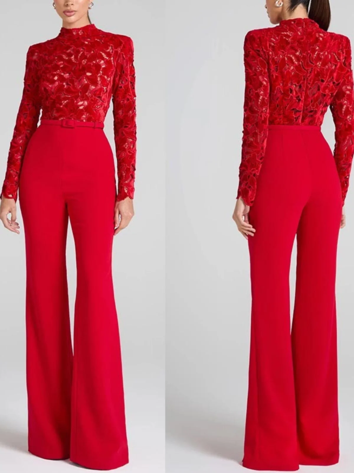 

Exquisite Long Sve Jumpsuit with Belt High Waist Wide Leg Pants Faionable Red Color for Women Ele One-Piece Suit