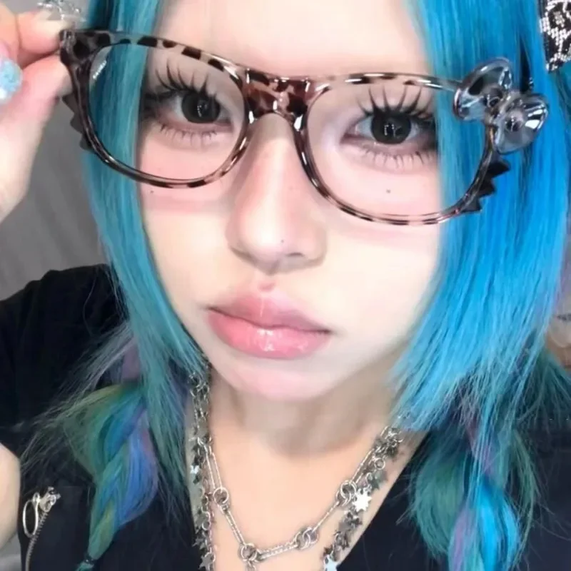 Kawaii Leopard Print Glasses Frames Cute Cat Harajuku Vintage Y2k Cartoon Frames Without Lenses Retro Round Cosplay Eyeglasses