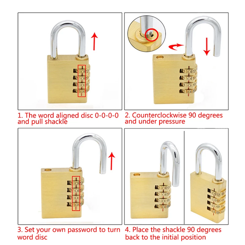 1pc Brass Mini 4 Digits Number Password Code Lock Combination Padlock Pad Lock Resettable For Travelling Bag Door Large Size