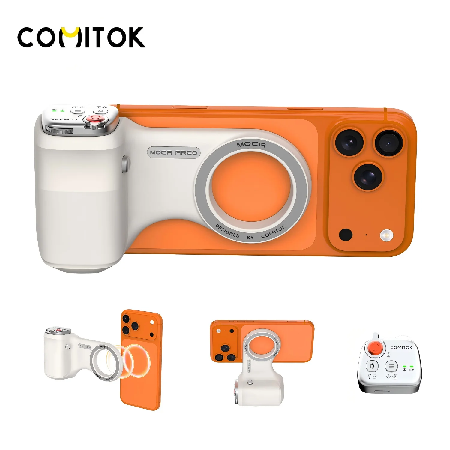 COMITOK MOCA ARCO Poignée magnétique pour appareil photo pour iPhone Series, télécommande détachable, support pour iOS17/18/26, idéal pour l'enregistrement de vlogs et les selfies